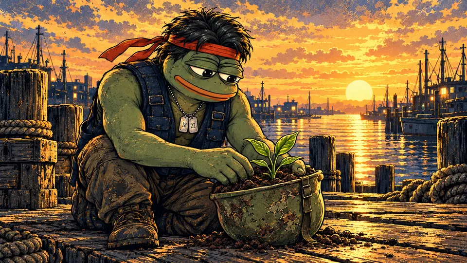 Moss planting a seedling in his old helmet on the dock at sunrise
